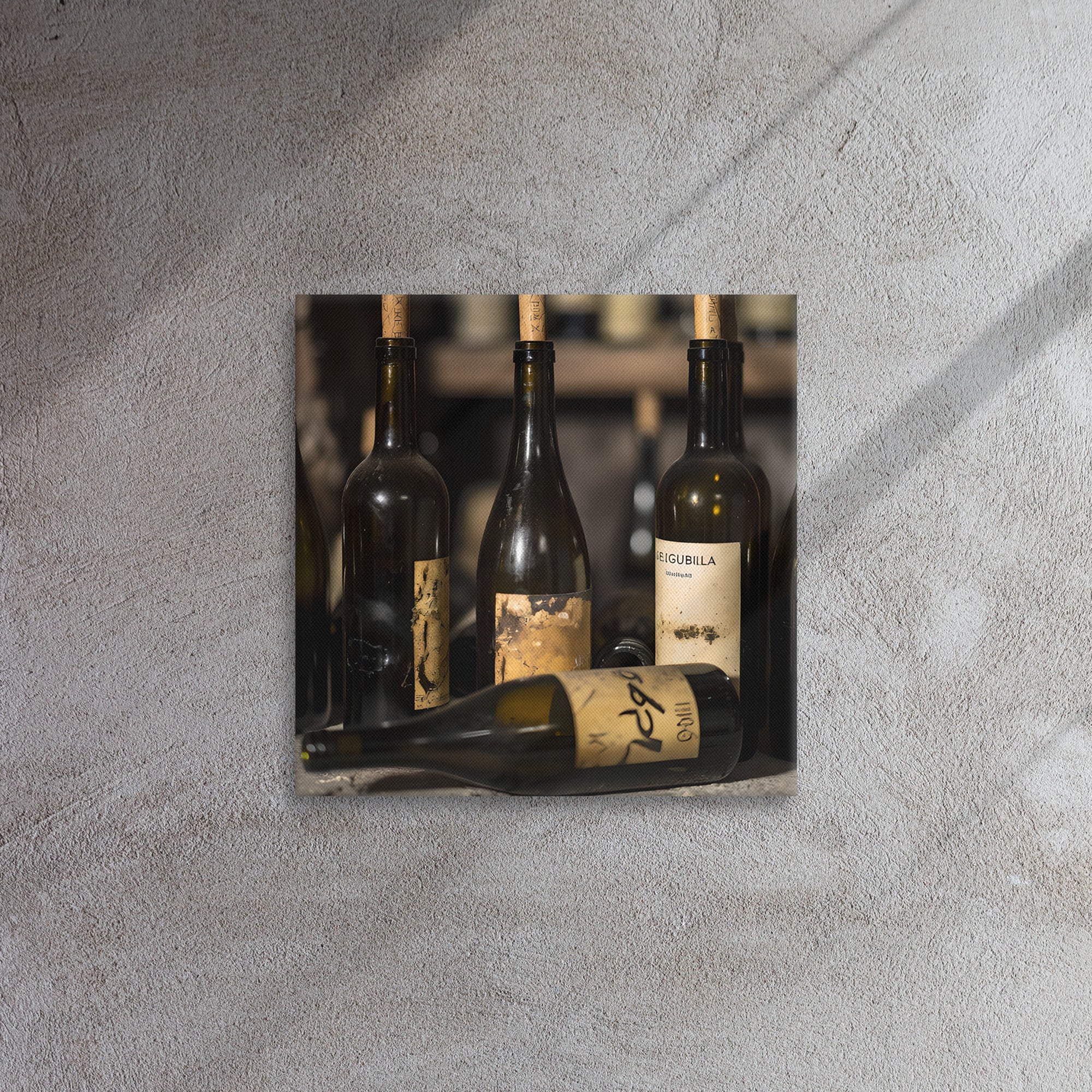 "Bottled Heritage wine art canvas print displayed in modern living room"