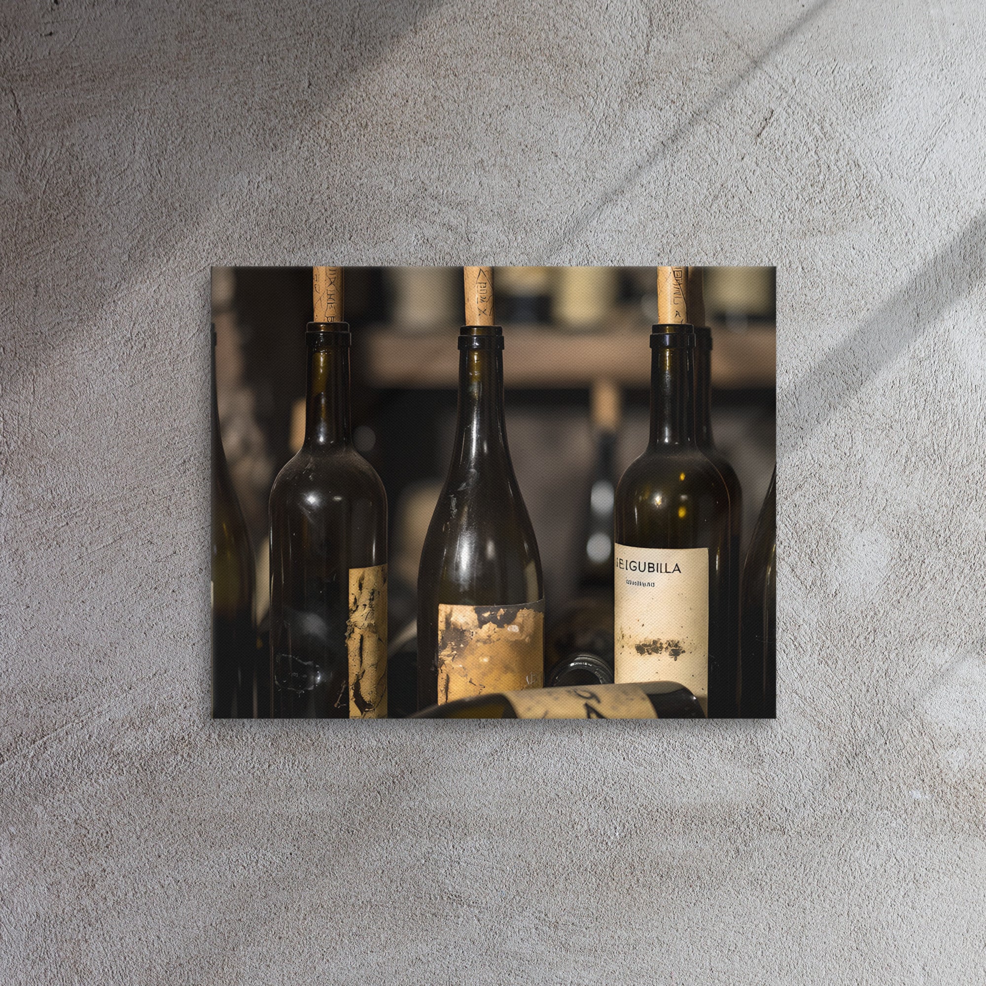 "Bottled Heritage wine art canvas print displayed in modern living room"