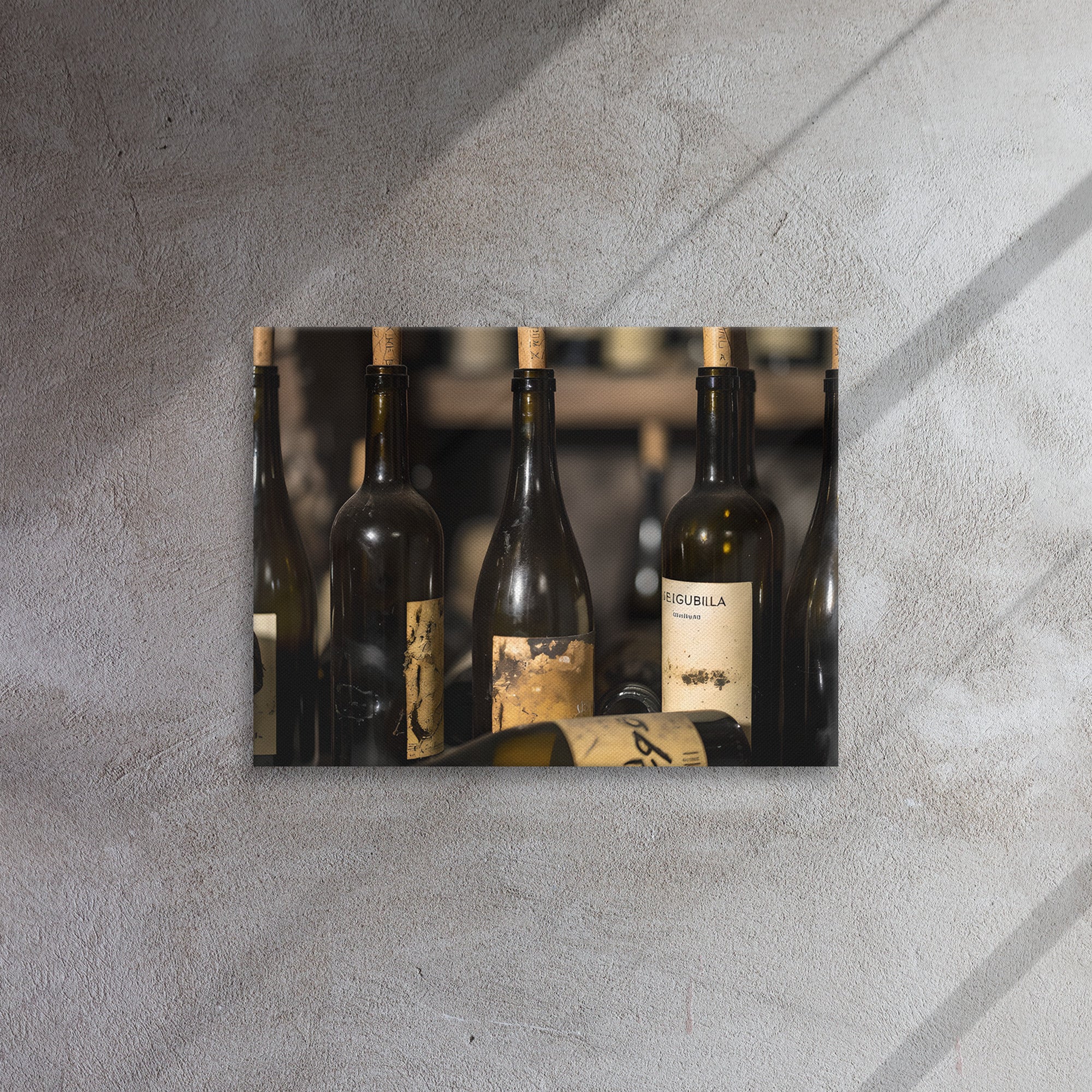 "Bottled Heritage wine art canvas print displayed in modern living room"